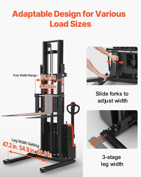 VEVOR Full Electric Pallet Stacker With 3300 Lb Load Capacity And 130 In Max Lifting Height adjustable fork width 8.66-31.1 inches