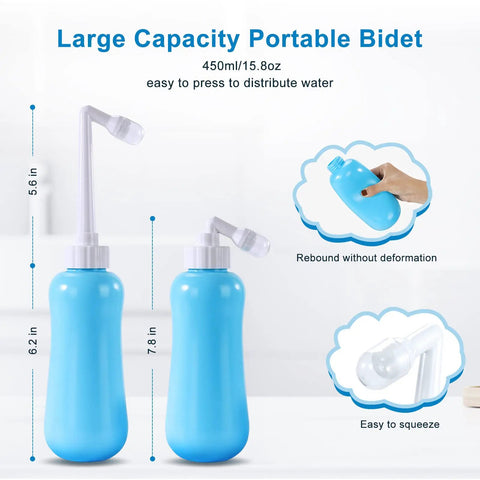On The Go Bidet For Travel Large 450ml Capacity Handheld Blue No Batteries Needed Eco Friendly Personal Toilet Cleaner Squeeze Bottle Keeps You Clean On The Go in blue with long nozzle and measurements