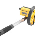 Measuring Wheel with Foldable Telescopic Handle, 0-9999.9m Range, featuring a yellow display and black rubber wheel.