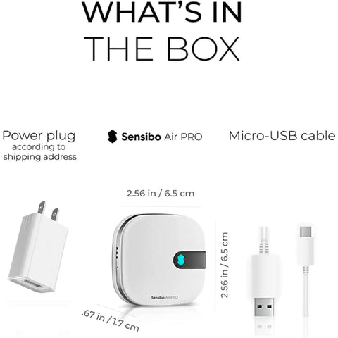 What's in the box - Smart Air Conditioner Controller with Built-In Air Quality Sensor, power plug, Micro-USB cable included.