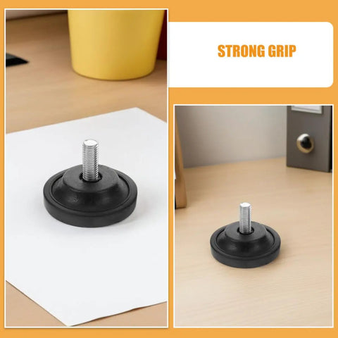 Close-up of 4 Pack Adjustable Swivel Leveling Feet With Anti Slip Rubber Pads for desks shown in office setting.