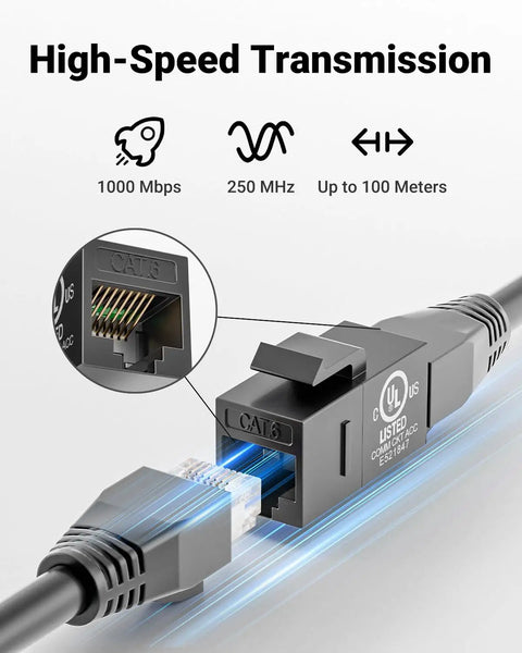 High-speed Cat6 RJ45 Keystone Coupler Female To Female Ethernet Jack Kit with UL listed pass-through UTP, black, 25 pack