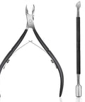 Must Have Pro Cuticle Trimmer With Pusher And Nipper Stainless Steel Manicure Pedicure Tool featuring black ergonomic handles