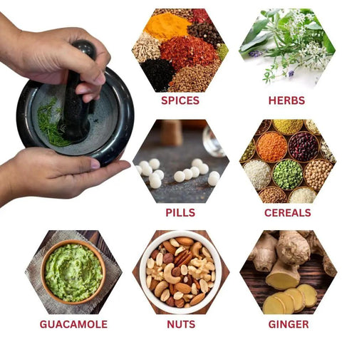 Hands using Heavy Duty Granite Mortar And Pestle Set 6 Inch Stone Grinder for crushing herbs with examples of spices, pills, guacamole