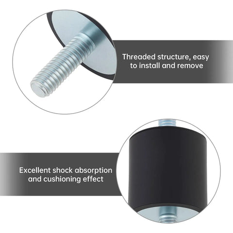 Close-up of Four Pack M6 Rubber Isolator Mounts With Double Ended Studs 25x25mm showing threaded structure and cylindrical shape