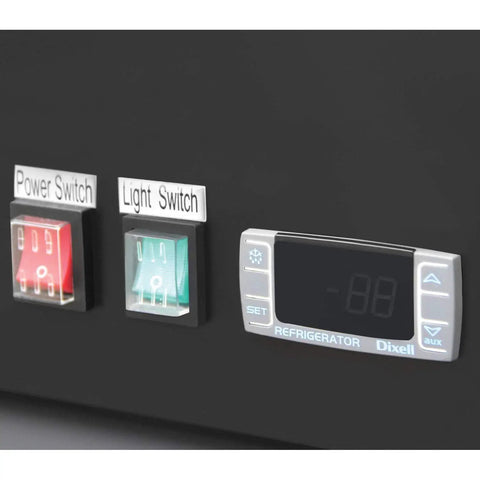 Digital thermostat and switches on Three Door Merchandiser Refrigerator With 53 Cu Ft Fresh As Heck Storage Premium Powder Coated Steel Finish.