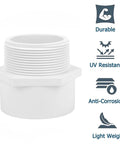 2 Pack 3 Inch PVC Male Adapter Pipe Fittings 2 Way Hose Coupling With 3 Inch Male Hose Thread Schedule 40, showing durable features