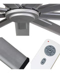 Top angle view of 96 Inch Heavy Duty Industrial Ceiling Fan In Slick Silver With Six Speed Remote Control for easy operation.