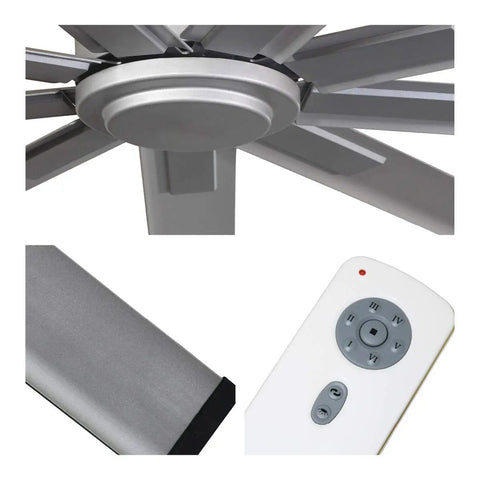 Top angle view of 96 Inch Heavy Duty Industrial Ceiling Fan In Slick Silver With Six Speed Remote Control for easy operation.