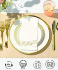 Heavy Duty White Plastic Plates With Gold Trim 175 Piece Bulk Party Essentials Built Like A Tank To Handle Any Backyard Bash Without Bending Or Spilling For Zero Stress Hosting And Quick Cleanup with cutlery and drink.