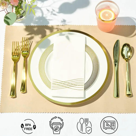 Heavy Duty White Plastic Plates With Gold Trim 175 Piece Bulk Party Essentials Built Like A Tank To Handle Any Backyard Bash Without Bending Or Spilling For Zero Stress Hosting And Quick Cleanup with cutlery and drink.
