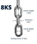 Squared Link Security Chain 10 Foot Long 5 Sixteenth Inch Thick Heavy Duty Lock Chain for Bikes Trailers ATVs and Property Protection with size details.