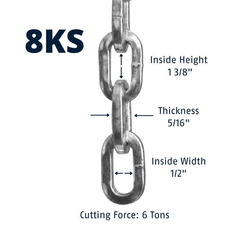 Squared Link Security Chain 10 Foot Long 5 Sixteenth Inch Thick Heavy Duty Lock Chain for Bikes Trailers ATVs and Property Protection with size details.