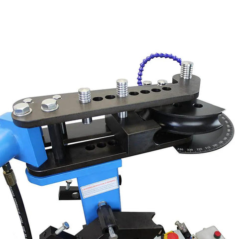 Tough As Nails 10 Ton Electric Hydraulic Pipe Tube Bender showing precision dies and adjustment dials for accurate bending.