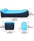 Inflatable Lounger Camping Couch For Adults And Kids dimensions and storage bag shown, blue 220x70x60 cm air sofa chair.