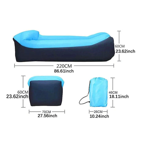 Inflatable Lounger Camping Couch For Adults And Kids dimensions and storage bag shown, blue 220x70x60 cm air sofa chair.