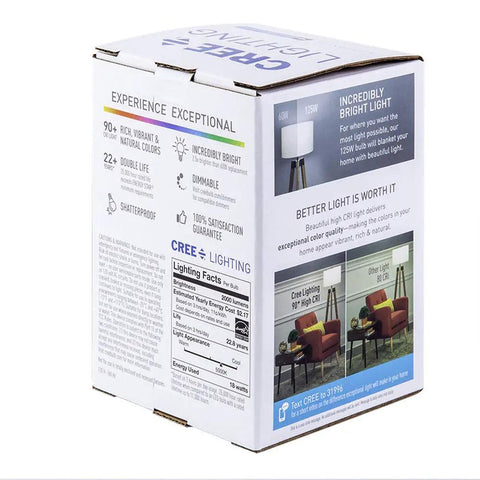 Packaging of A21 LED Bulb 125W Equivalent Dimmable 2000 Lumens Daylight Lighting For Bright Colors And Crisp Lit Illumination With 90 Plus CRI