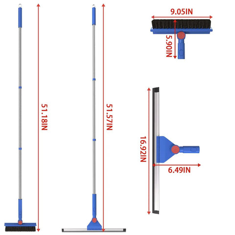 2 In 1 Floor Cleaning System With V Shaped Scrub Brush And Foam Squeegee, product dimensions shown.