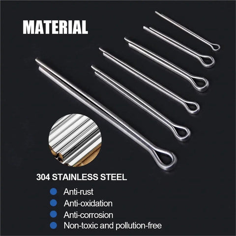 680 Piece Cotter Pin Assortment Kit in 304 Stainless Steel with Hairpin R Clips showing metal pins variety and material details