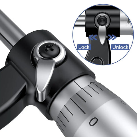 Close-up of Pro Grade Outside Micrometer 0-1 Inch Range With 0.0001 Inch Precision showing lock mechanism and scale detail.
