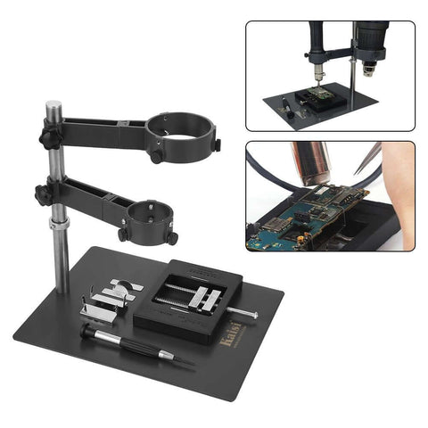 Sturdy Adjustable Hot Air Gun Holder with Cast Aluminum Base Clamp and Two Fixtures for BGA Rework Soldering Station