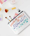Funny Travel Makeup Bag For Women, multiuse cosmetic case with brushes, flight ready essential, canvas pouch on white surface.