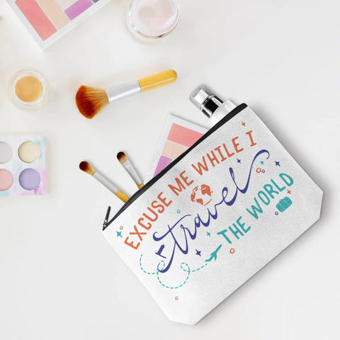 Funny Travel Makeup Bag For Women, multiuse cosmetic case with brushes, flight ready essential, canvas pouch on white surface.