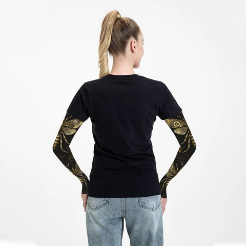 Back view of woman wearing premium cooling arm sleeves featuring a steampunk gear print for UV blocking outdoor workouts.