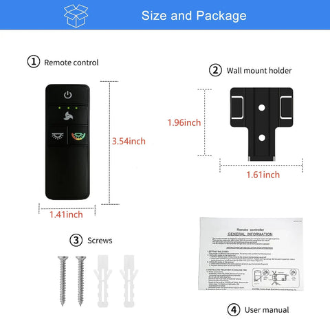 Ceiling Fan Remote Control Replacement With 3 Speed Light Dimmer And Color Changing Modes Remote Only No Fuss Install Four Dip Switches For 304 MHz Fans Compatible With A25 TX028C S Remote showing size, wall mount, screws, and manual