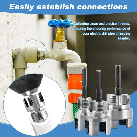 3Pcs Heavy Duty PVC Pipe Threader Kit showing steel dies attached to an electric drill for threading PPR and MPP pipes.