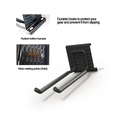 Close-up of adjustable hooks for Top Shelf Heavy Duty Metal Garage Wall Mount Tool Organizer With Adjustable Hooks for ladders.