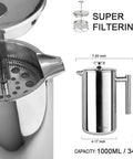 34oz 304 Stainless Steel French Press Coffee Maker with Insulated Double Wall Carafe and Three Layer Filter System