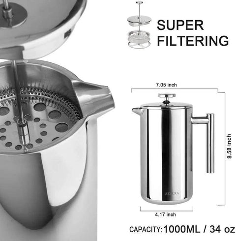 34oz 304 Stainless Steel French Press Coffee Maker with Insulated Double Wall Carafe and Three Layer Filter System