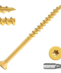 Top Shelf Rock Solid Deck Screws Ten Gauge By Three And A Half Inch Wood Fasteners Tan Epoxy Coated showing screw and T25 drive bit.
