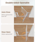 Diagram of double-sided openable feature on adjustable 29.5 to 46 inch wide baby gate for stairs and doorways, showing auto-close and stay open angles.