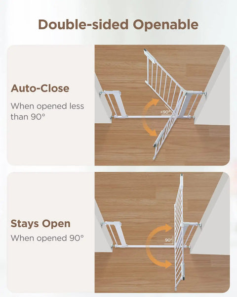 Diagram of double-sided openable feature on adjustable 29.5 to 46 inch wide baby gate for stairs and doorways, showing auto-close and stay open angles.