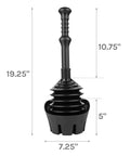 Black Bellows Accordion Toilet Plunger With Drip Tray and Storage Tray, 19.25 inches tall, heavy duty clog buster in black.