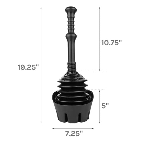 Black Bellows Accordion Toilet Plunger With Drip Tray and Storage Tray, 19.25 inches tall, heavy duty clog buster in black.