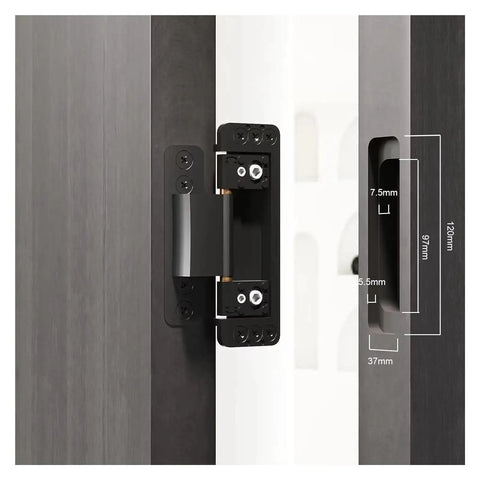 Hidden Door Hinges Set Of 2 Adjustable Concealed Hinges for smooth door swing with measurements visible, steel hardware.