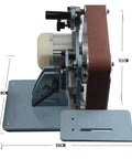 Heavy Duty 750W Electric Belt Grinder And Sharpener With Built Like A Tank Steel Frame and 915X50MM shown from the side with dimensions.