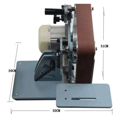 Heavy Duty 750W Electric Belt Grinder Sharpener And Polisher With 915 X 50mm Sandpaper Belt side view showing motor and steel frame dimensions.