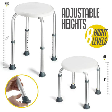 Non Slip Grippy Shower Chair With 8 Adjustable Heights, showing 21-inch max height and 14-inch min height with rubber grips.
