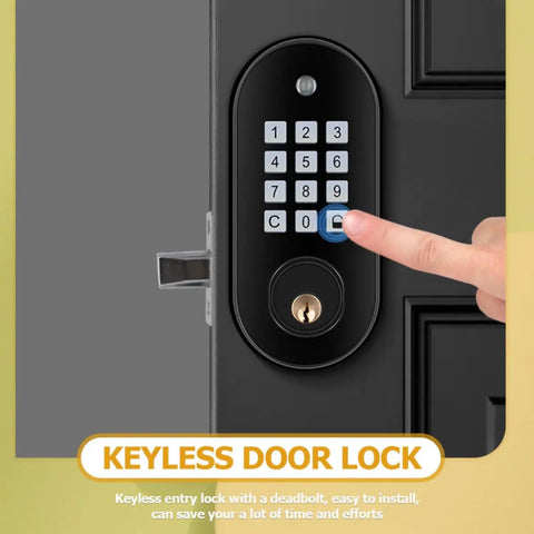 Game Changer Electronic Keypad Deadbolt Lock With Four Aa Batteries Black Keyless Entry Security For Exterior Doors Easy Install Passcode Access Lock Your Place Down Tight Today, close-up of keypad with user interaction.