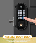 Straight Shooting Electronic Keypad Deadbolt Lock with Auto Lock Tech and Fallback Keys for Rock Solid Front Door Security in Timeless Black, keypad close-up.