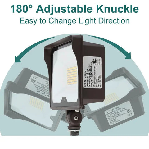 55W LED Flood Light With Dusk To Dawn Photocell showing 180° adjustable knuckle mount for easy light direction change.