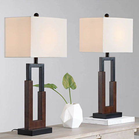 Farmhouse Style Table Lamps Set Of 2 Modern Black Wood Base Bedside Lamps With USB And Type-C Ports 3-Way Dimmable Nightstand Lighting White Rectangular Shade Perfect For Living Room Or Bedroom Decor