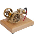Top Tier Miniature Hit And Miss Engine 1.6cc Horizontal Four Stroke Gasoline Motor on solid wood base with brass components.
