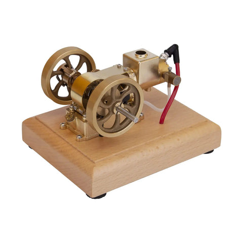 Top Tier Miniature Hit And Miss Engine 1.6cc Horizontal Four Stroke Gasoline Motor on solid wood base with brass components.