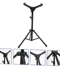 Adjustable Alloy Practice Drum Rack With 12 Inch Foldable Black Stand showing detailed parts and adjustable height settings for beginners.