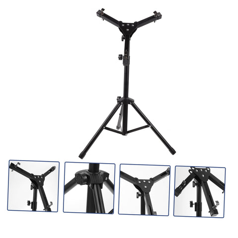 Adjustable Alloy Practice Drum Rack With 12 Inch Foldable Black Stand showing detailed parts and adjustable height settings for beginners.